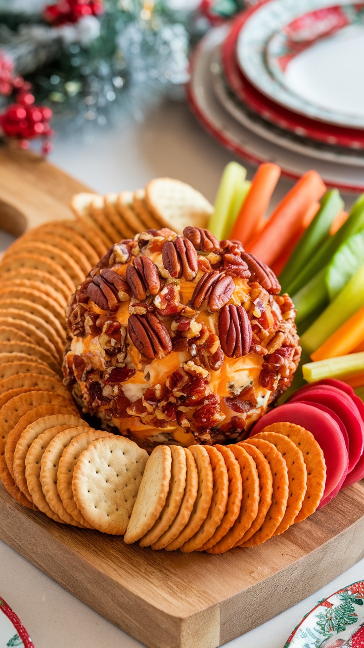 A Bacon Cheddar Cheese Ball with pecan crust on a wooden board, surrounded by crackers and vegetables.